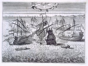 沉没一艘土耳其军舰，插图来自&39;托斯卡纳的王子，由Cavalieri di Santo Stefano最值得注意的主人，Fulvio Fontana，由H. Vincent雕刻，1701 作者 意大利学校