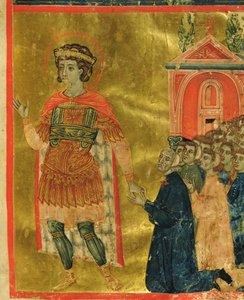 有些兄弟向玛丽娅拉（St.）提供圣西奥多（St. Theodore），1350年（牛皮纸上的墨水和金箔） 作者 意大利学校