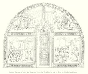 Spinello Aretino, Totila, Roi des Goths, devant San Benedetto, Cote est de la Sacristie de San Miniato（雕刻）。 作者 意大利学校