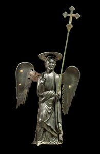 St. Gabriel Archangel 手持游行十字架，十二世纪青铜雕像，1369 年十字架 作者 意大利学校