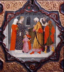 第十天，第九条新闻：梅塞尔·托雷洛和萨拉丁的日子（1138-1193）（Salah al Din Yusuf al-Ayyubi (al Ayyubi)。画框描绘了乔瓦尼·薄伽丘（Jean Boccaccio）的《十日谈》（Jean Boccaccio）（1313-1375） ).15世纪.佛罗伦萨，巴国家博物馆 作者 意大利学校