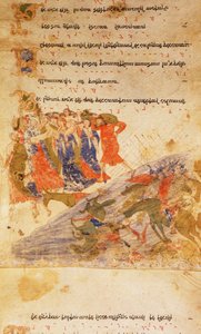 以色列人过红海，选自《Exultet 卷》，约 1072 年（牛皮纸） 作者 意大利学校