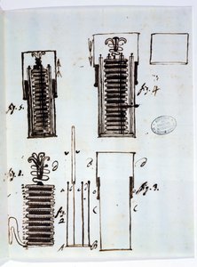 Voltaic堆（电池）。从Alessandro Volta（1745-1827）的一封信到绘制电影的Dieudonne Dolomieu（1750-1801），1801（笔和纸上的墨水） 作者 意大利学校