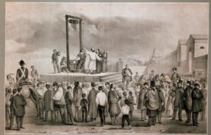 1858年3月13日，Felice Orsini (1819 - 1858)和Pieri在巴黎Roquette广场执行了1858年1月14日对拿破仑三世的袭击，19世纪末的石版画。米兰起义博物馆 作者 意大利学校