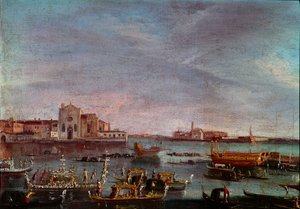 威尼斯大运河上的帆船赛 18 世纪太阳的匿名绘画。 36x54 厘米威尼斯，Museo Correr 作者 意大利学校