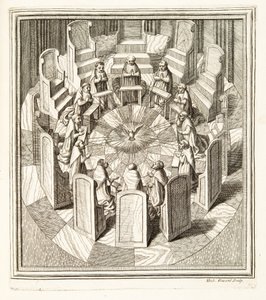 Twelve Judges of the Rota praying in a circular hall surrounding the Holy Spirit, pub. 1717 (engraving) 作者 意大利学校