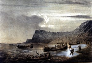 意大利联合：朱塞佩·加里波第 (1807-1882) 领导的千人红衫军远征队。 加里波第人的第一支舰队向斯特拉堡的卡拉布里亚出发。 19 世纪的石版画 作者 意大利学校