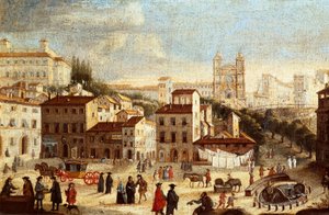 西班牙广场 (Piazza di Spagna)，与罗马 Trinita dei Monti (Trinite des Monts) 教堂的景色（西班牙广场和罗马圣三一教堂的景色） 罗马学校的绘画 - 17 世纪（绘画） 作者 意大利学校