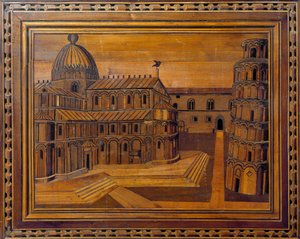 比萨大教堂 (Duomo di Santa Maria Assunta di Pisa) 和奇迹广场 (Piazza dei Miracoli) 上的斜塔 (Torre pendant) 的景观，采用 15 世纪的镶嵌工艺。 保存于比萨大教堂长老会 作者 意大利学校