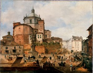 方形 Vetra 和圣洛伦索无名画大教堂的后殿的视图。 19 世纪末。 米兰，米兰博物馆 作者 意大利学校