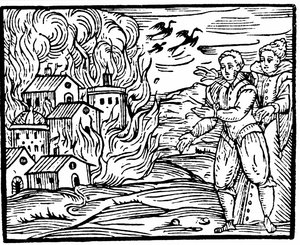 1533年斯瓦比亚摧毁房屋的女巫，弗朗西斯科·玛丽亚·瓜佐（Franceco Maria Guazzo）撰写的Compendium Maleficarum插图，1608年 作者 意大利学校