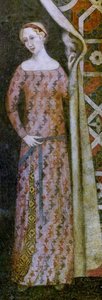 绘制几何图案窗帘的妇女，15 世纪初（壁画） 作者 意大利学校