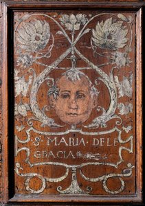 1429-1481 米兰圣母玛利亚大教堂（木制长凳，饰有一张脸并刻有 "Santa Maria delle Gracia "字样，布拉曼特圣职者 作者 意大利学校
