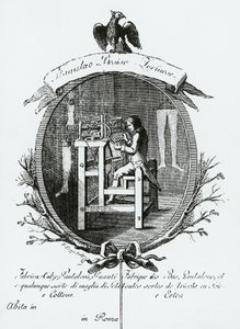 工人在织布机上，图像广告Stanislaus Bosisio Torinese，袜子、裤子、手套和任何种类的丝绸和棉织品的制造商，雕刻，意大利 作者 意大利学校