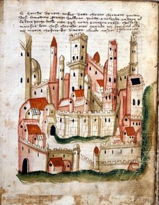 耶路撒冷城的景色，来自Libro dOltramare by Niccolo da Poggibonsi（笔和墨水和牛皮纸上的蛋彩画）