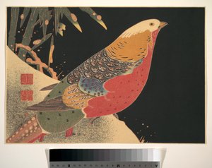 雪中金鸡，约 1900 年（木刻版画，纸上水墨和色彩）