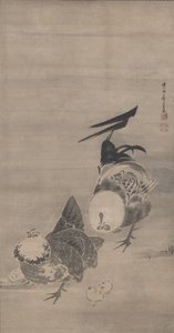 雄鸡，母鸡和小鸡，一对，1795年 作者 伊藤雅作