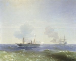 俄文："1877 年 7 月 11 日 Vesta 号汽船在黑海与土耳其 Fehti-Bulend 号战列舰的战斗" 1877 年 7 月 11 日 Vesta 号汽船在黑海与土耳其 Fehti-Bulend 号战列舰的战斗