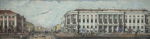 带有Stroganov宫的警察桥。涅夫斯基大街全景，1830年