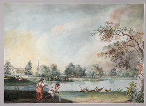 1800年代初，莫斯科阿列克谢·基里罗维奇·拉祖莫夫斯基伯爵的城市庄园前的池塘
