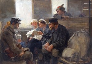 弗拉基米洛夫、伊万-阿列克谢耶维奇（1869-1947 年）创作的《火车上的布尔什维克群像》。木板油画 作者 伊万·阿列克谢耶维奇·弗拉基米罗夫