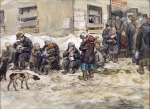 彼得格勒的饥饿岁月。伊万-阿列克谢耶维奇-弗拉基米洛夫（1869-1947 年）的作品 "公共餐厅"。纸面水彩、水粉画。私人收藏 作者 伊万·阿列克谢耶维奇·弗拉基米罗夫