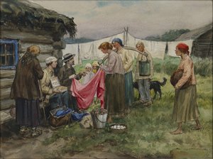 彼得格勒的饥饿岁月。弗拉基米洛夫，伊万-阿列克谢耶维奇（1869-1947 年）创作的 "火车站附近村庄里的换货"。纸上水彩、水粉画 作者 伊万·阿列克谢耶维奇·弗拉基米罗夫