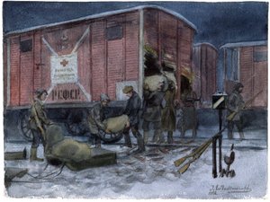 Soldats billant un wagon de chemin de fer - 士兵们掠夺铁路货车（来自俄罗斯革命水彩画系列） - Vladimirov, Ivan Alexeyevich (1869-1947) - 1922 - 纸本水彩 - 25,8x34,1 - 私人收藏 作者 伊万·阿列克谢耶维奇·弗拉基米罗夫