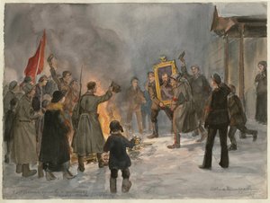 士兵焚烧油画（选自俄罗斯革命水彩画系列） - Oeuvre de Ivan Alexeyevich Vladimirov (1869-1947) - 1917 - 纸上水彩画 - 25,7x34,5 - 私人收藏