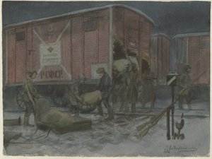 士兵掠夺水彩画系列的铁路货车，1922年 作者 伊万·阿列克谢耶维奇·弗拉基米罗夫