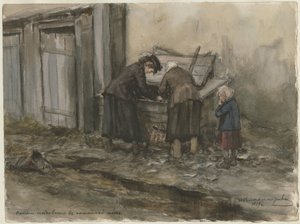 两个女人和一个孩子从水彩画系列革命中搜寻垃圾桶 作者 伊万·阿列克谢耶维奇·弗拉基米罗夫