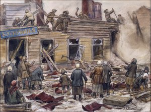 弗拉基米洛夫、伊万-阿列克谢耶维奇（1869-1947 年）创作的《工人拆除木屋以获取燃料》。纸上水彩、水粉画 作者 伊万·阿列克谢耶维奇·弗拉基米罗夫