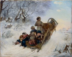 坐在马拉雪橇上的儿童，1870年 作者 伊万·安德烈耶维奇·佩列文