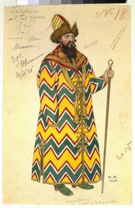 博雅德（boiard，boiar）。尼古拉斯（尼古拉）-里姆斯基-科萨科夫（Rimski-Korsakov）（1844-1908 年）歌剧《萨尔坦沙皇》的服装。Oeuvre de Ivan Yakovlevich Bilibin (Bilibine) (1876-1942), aquarelle sur papier. 作者 伊万·雅科夫列维奇·比利宾