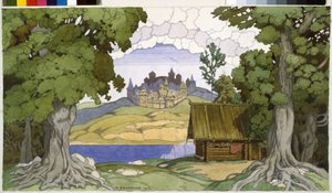 阿列克谢-维尔托夫斯基（1799-1862 年）歌剧《阿斯科尔德之墓》的装饰。伊万-雅科夫列维奇-比利宾（Bilibin）（1876-1942 年）的作品，纸上水彩画 作者 伊万·雅科夫列维奇·比利宾