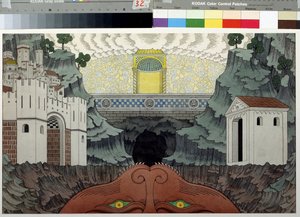 鲁特贝夫（1230-1285 年）的戏剧《Theophile 的奇迹》的舞台设计。伊万-雅科列维奇-比利宾（Ivan Yakolevich Bilibin）（1876-1942 年）的画作。纸面水彩和墨水，39.5 x 64 厘米 作者 伊万·雅科夫列维奇·比利宾