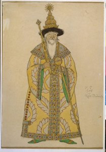 达东沙皇。尼古拉斯（尼古拉）-里姆斯基-科萨科夫（Rimski-Korsakov）（1844-1908 年）歌剧《金鸡》的服装。Oeuvre de Ivan Yakovlevich Bilibin (Bilibine) (1876-1942), aquarelle sur papier. 作者 伊万·雅科夫列维奇·比利宾