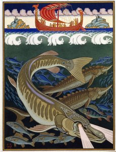 海洋帝国》。俄罗斯传统故事。伊万-雅科夫列维奇-比利宾（Ivan Yakovlevich Bilibin）（1876-1942 年）的作品，纸上水彩和水粉画 作者 伊万·雅科夫列维奇·比利宾