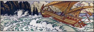 水手辛巴达阿拉伯传统故事《一千零一夜》的插图。伊万-雅科夫列维奇-比利宾（Ivan Yakovlevich Bilibin）（1876-1942 年）的作品，纸上水彩画 作者 伊万·雅科夫列维奇·比利宾