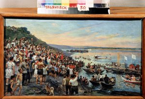 "1927 年一架水上飞机在乌里扬诺夫斯克着陆" Ivan Guriev（1875-1943 年）1927 年作品，辛比尔斯克地区艺术博物馆 作者 伊万·古里耶夫
