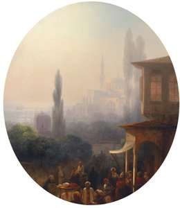 君士坦丁堡的市场场景，圣索菲亚大教堂（Hagia Sophia）超越，1860年 作者 伊万·康斯坦丁诺维奇·艾瓦佐夫斯基