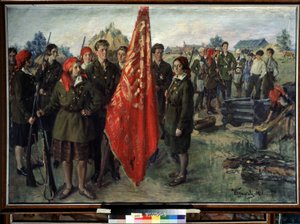 军事共青团（Military Komsomol）。苏联共产主义青年组织，描述一群身着制服（军装和护士服）、手持武器的年轻人聚集在红色标准周围，靠近短暂的建筑物。