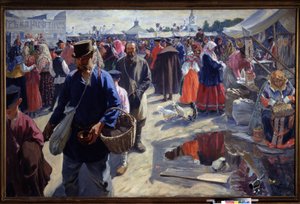 集市。画面描绘的是在俄罗斯省城散步的场景，气氛传统，有农民和小贩。伊万-谢苗诺维奇-库利科夫（Ivan Semyonovich Kulikov）（1875-1941 年）的画作，布面油画