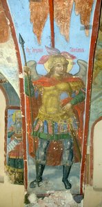 大天使圣米迦勒 - 伊万·雅科夫列维奇·巴赫马托夫 (Ivan Yakovlevich Bakhmatov) 的壁画（活跃于 18 世纪初），诺夫哥罗德圣母主教座堂的壁画（俄罗斯） - （圣米迦勒大天使，伊万·雅科夫列维奇·巴赫马托夫 (Ivan Yakovlevich Bakhmatov) 的壁画，位于圣母大教堂