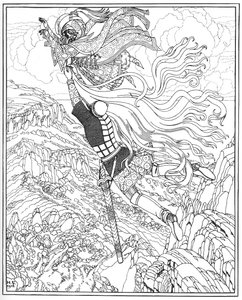 切尔诺莫和鲁斯兰的飞行。普斯金（A. Pushkin）的《鲁斯兰和柳德米拉》诗插图，1918年 作者 伊万·雅科夫列维奇·比利宾