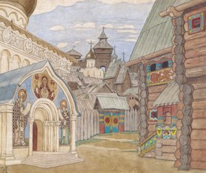 俄罗斯村。 N. Rimsky-Korsakov的歌剧《沙皇撒旦故事》的舞台设计 作者 伊万·雅科夫列维奇·比利宾