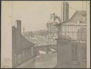 1812 年 3 月 6 日，从 J.P. Møller 在博讷街 3 号欧兰德酒店的寓所俯瞰塞纳河对岸的杜伊勒利宫和里沃利街。1812 年 3 月 6 日，塞纳河对岸杜乐丽宫和里沃利街的景色