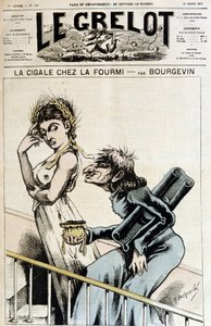 La cicada chez la anticlerical caricature of a Jesuite holding an open purse that he tends to an immorous woman, wearing a crown of wheat epis, who makes a moue of dedain - Illustration by A. Bourgevin (or J. Blasset or Albert Douat)