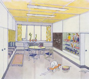 1930年代的室内装饰。托儿所（彩色平版印刷 作者 德梅兹