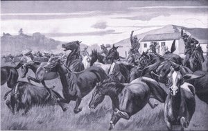 Boers在Braamfontein袭击了Remount Depot，来自比勒陀利亚之后：The Guerilla War，由Harmsworth Bros Limited出版，1901年 作者 JH索恩利